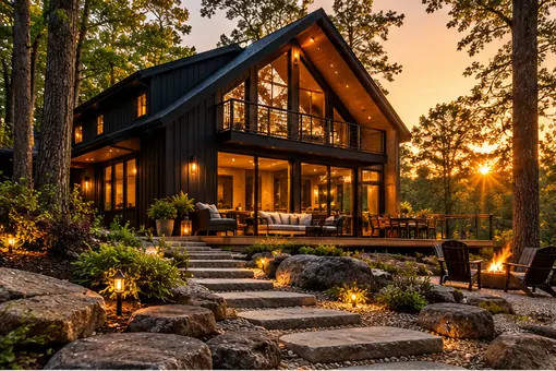 Illustrative illuminated woodland cabin
