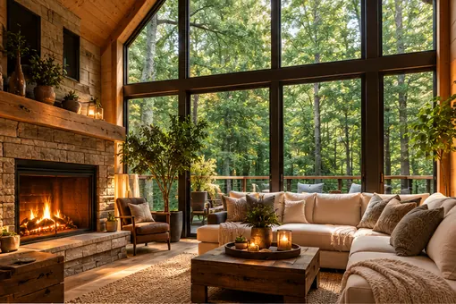 Illustrative comfortable woodland cabin interior